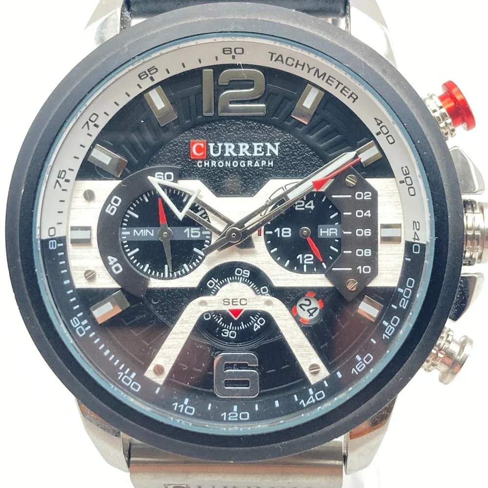 Curren Men's Chronograph Watch 48mm Silver Tone Black Date WR New Battery 10